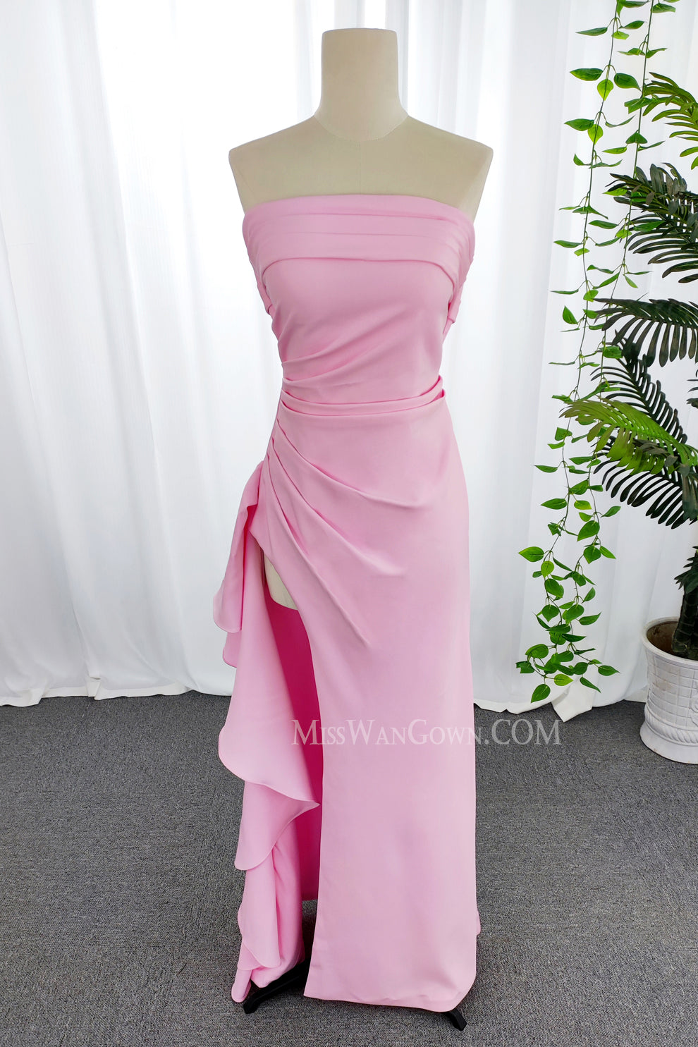 Strapless high split ruffles prom dresses customized floor length evening dresses LF786