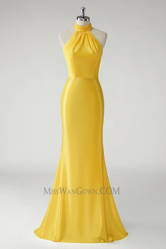 Halter satin sweep train prom dresses customized mermaid evening dresses LF770