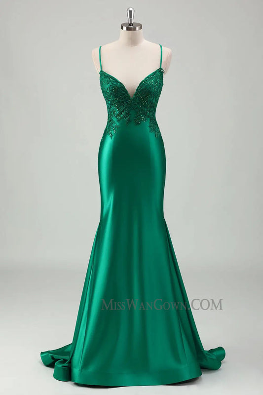 Spaghetti strap satin appliqued beading prom dresses mermaid sweep train v neck evening dresses LF771