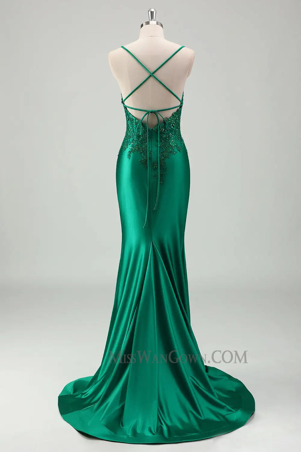 Spaghetti strap satin appliqued beading prom dresses mermaid sweep train v neck evening dresses LF771