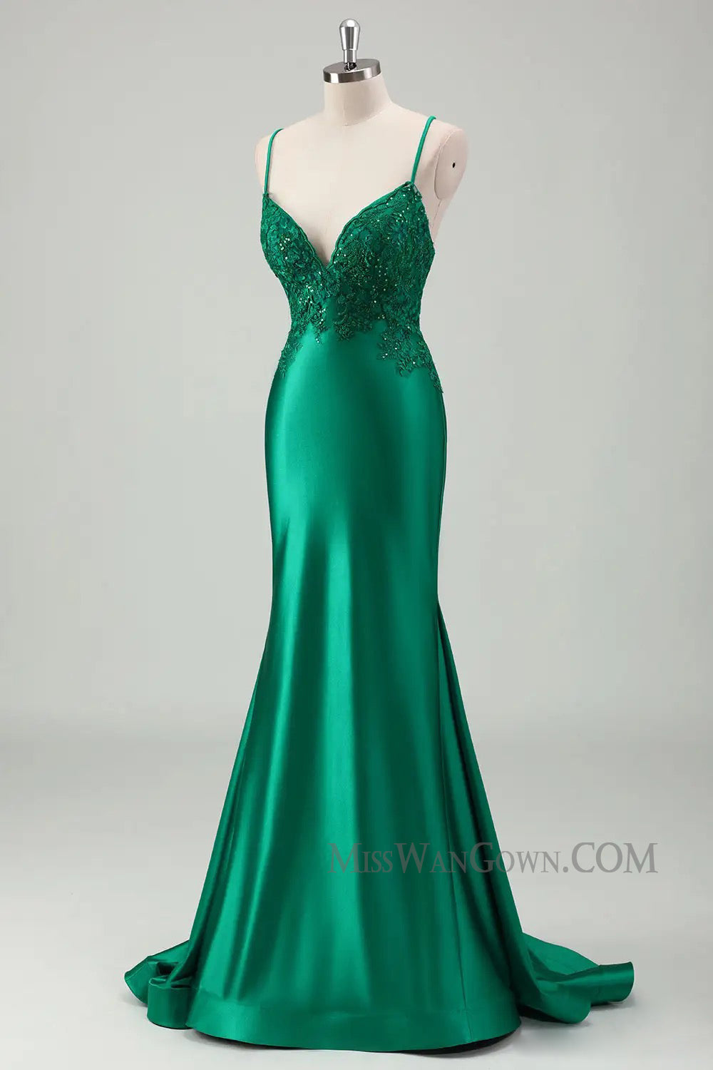 Spaghetti strap satin appliqued beading prom dresses mermaid sweep train v neck evening dresses LF771