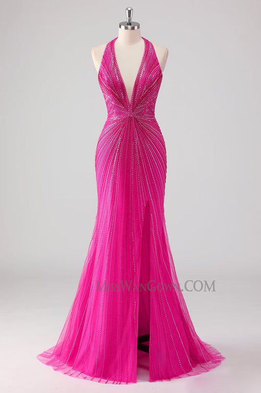 Deep v neck prom dresses heavy handmade beading prom dresses high split sweep train evening dresses LF772