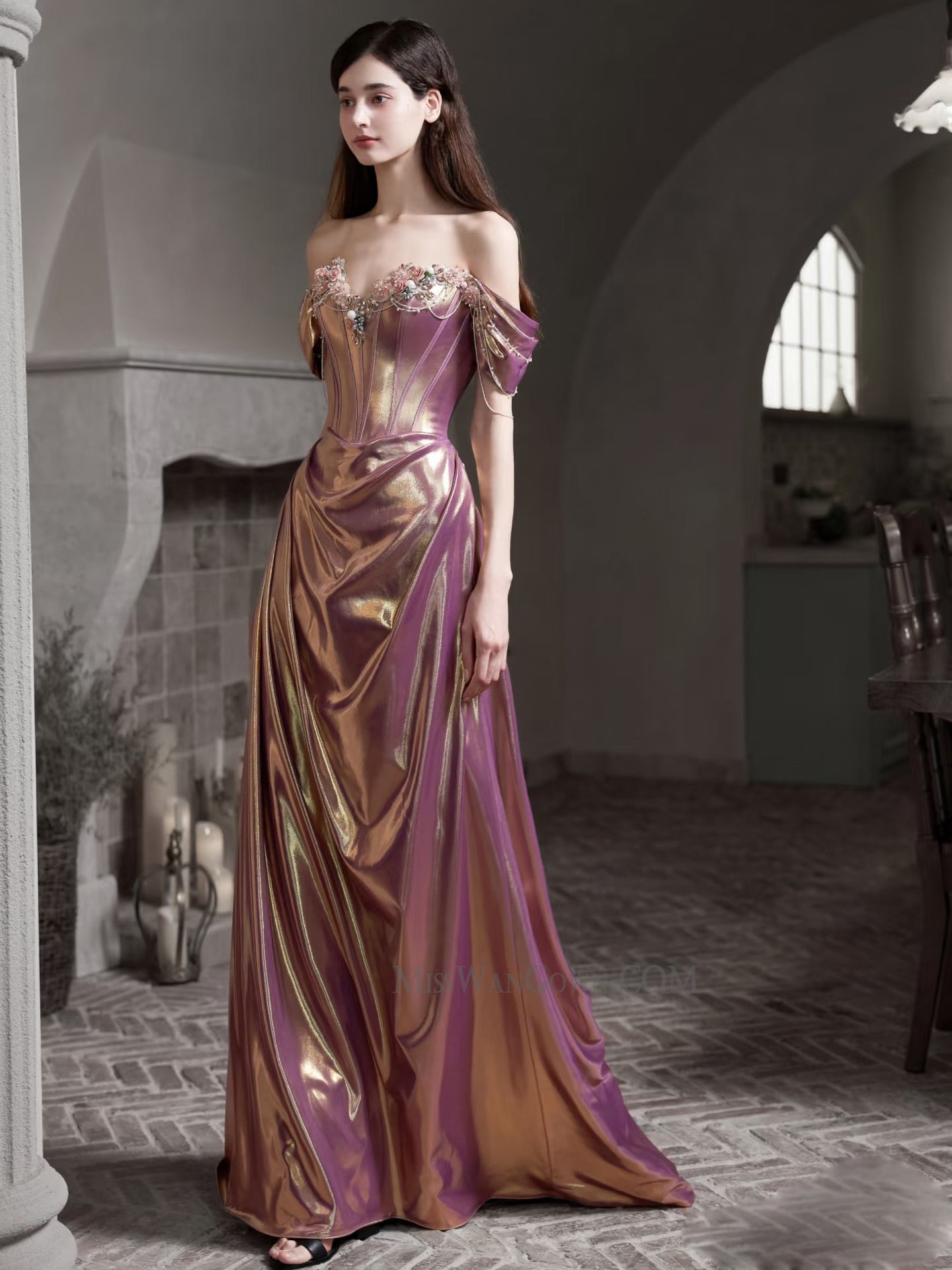 Off shoulder sweetheart a line prom dresses customized sweep train evening dresses LF774