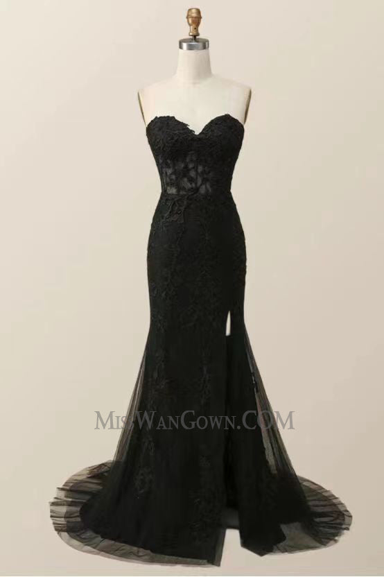 Sweetheart tulle appliqued mermaid prom dresses customized sweep train evening dresses LF776