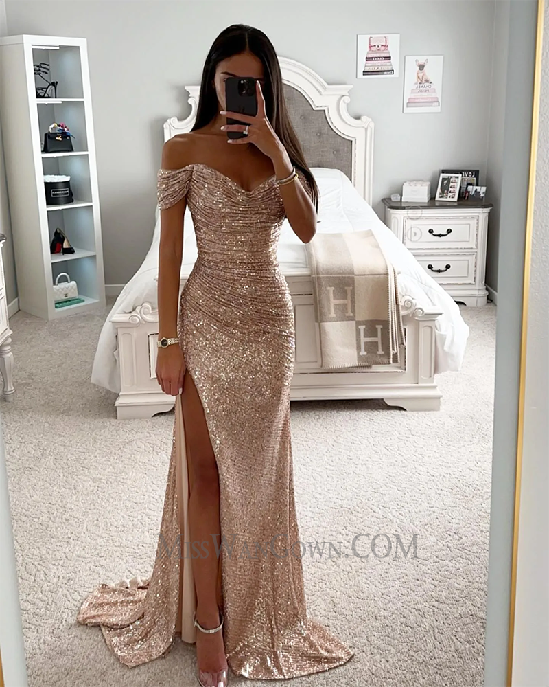 Off shoulder sweetheart sequins lace prom dresses high split sweep train evening dresses LF756