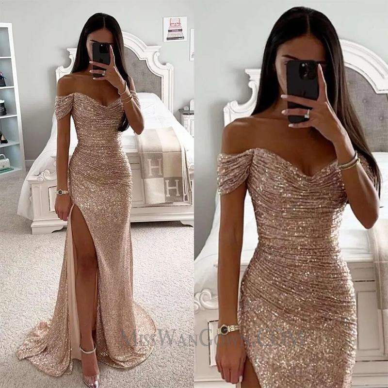 Off shoulder sweetheart sequins lace prom dresses high split sweep train evening dresses LF756