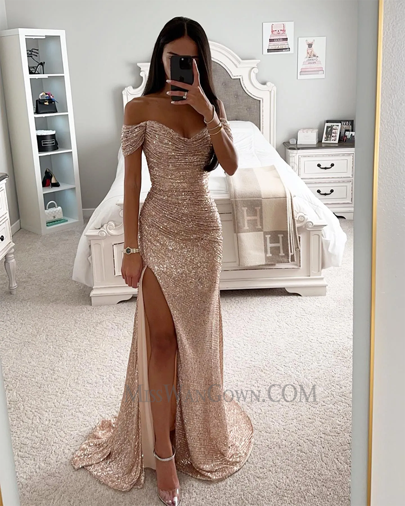 Off shoulder sweetheart sequins lace prom dresses high split sweep train evening dresses LF756