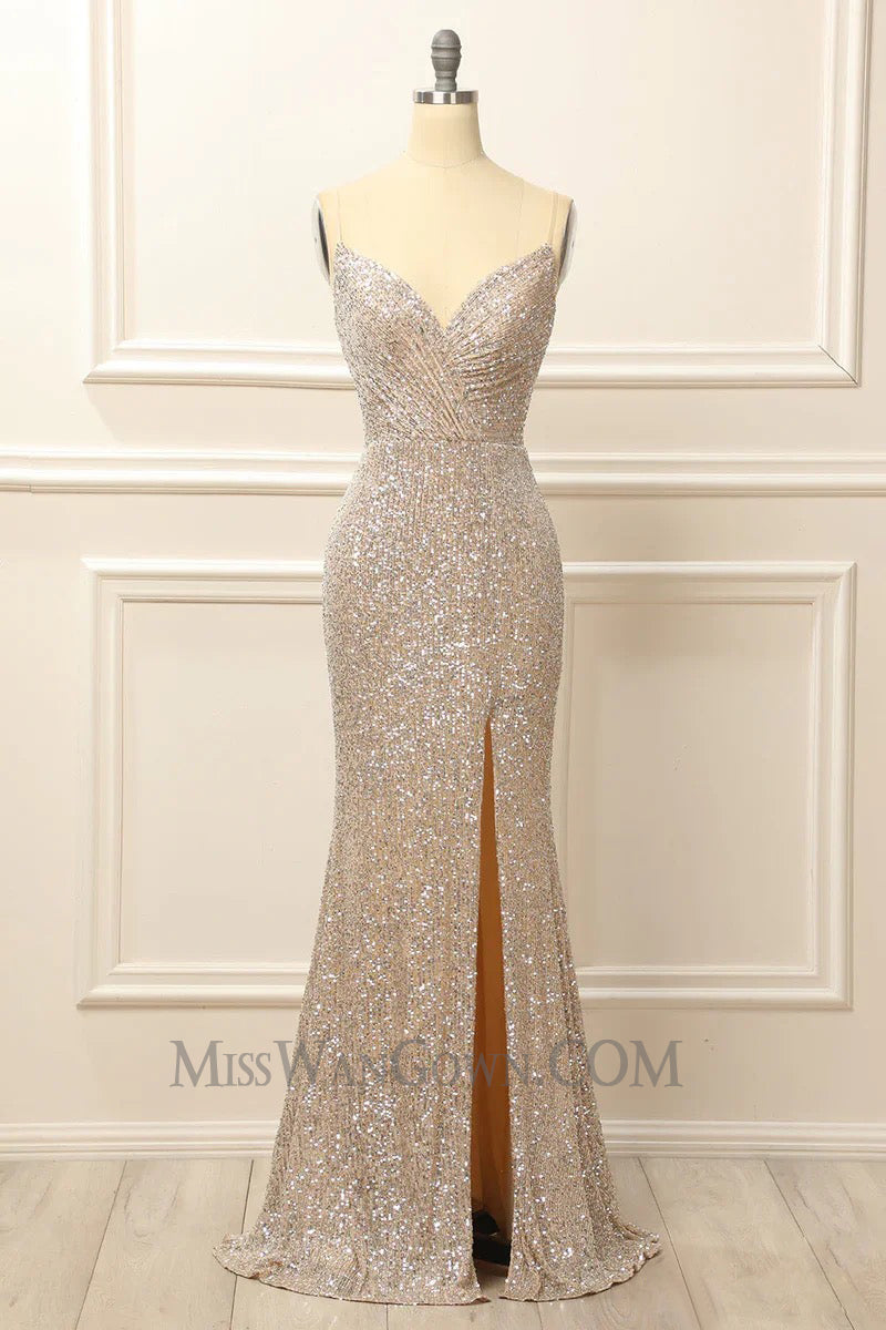 Spaghetti strap deep v neck sequins prom dresses customized high split evening dresses LF762