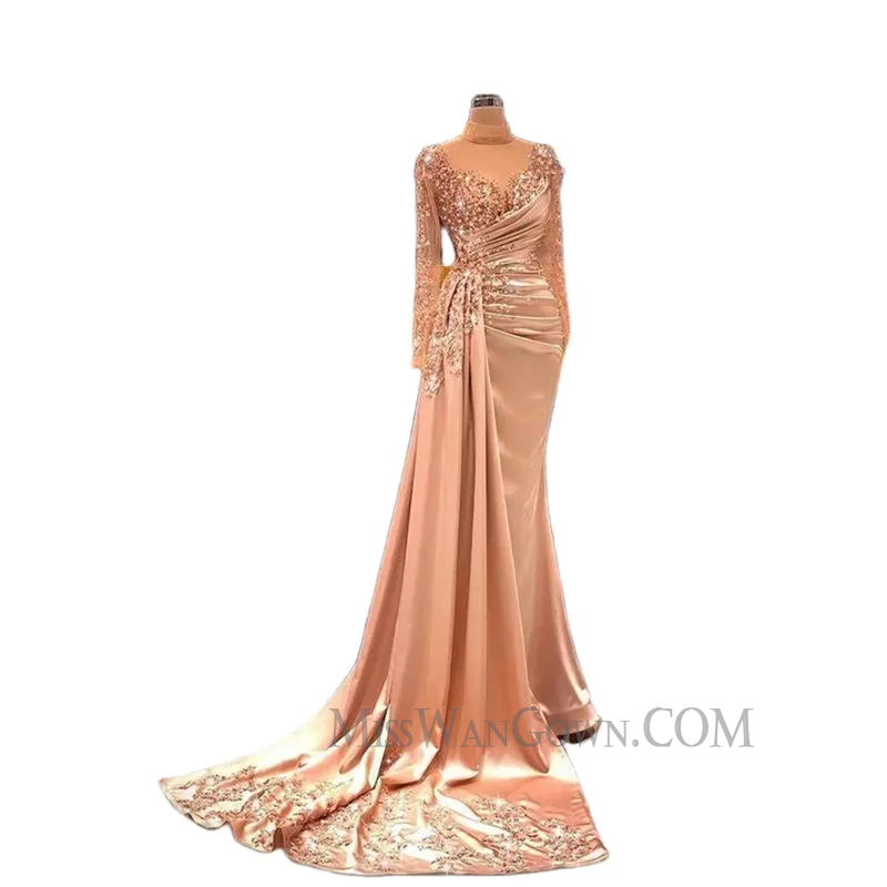 Long sleeves satin beading handmade prom dresses customized mermaid evening dresses LF757