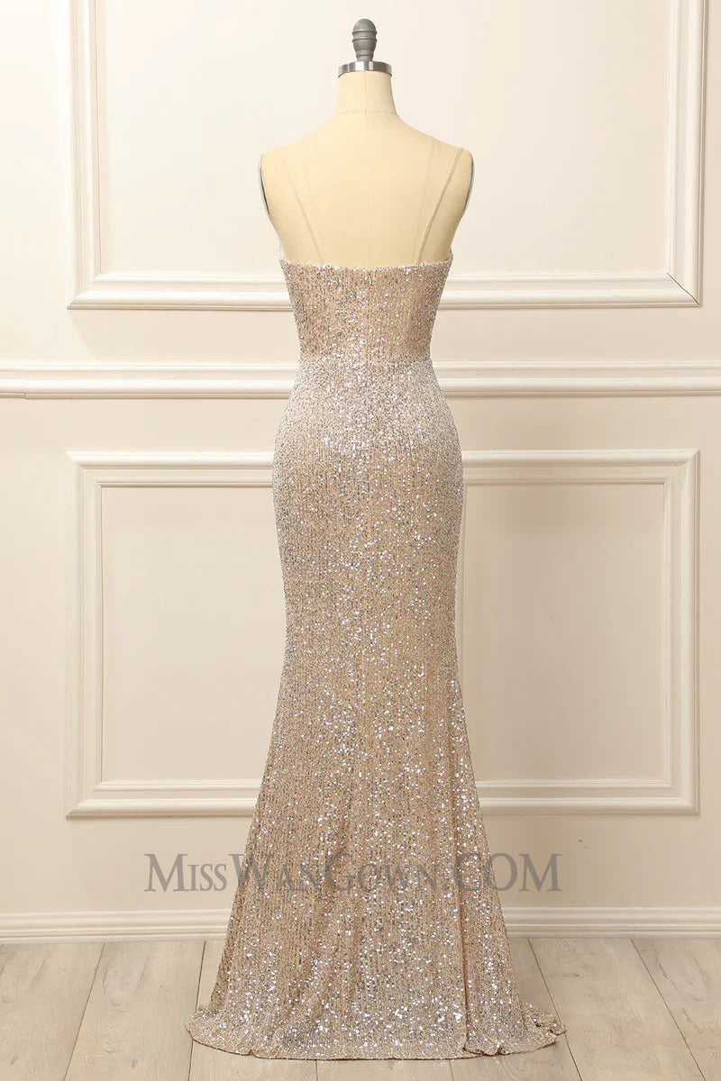 Spaghetti strap deep v neck sequins prom dresses customized high split evening dresses LF762