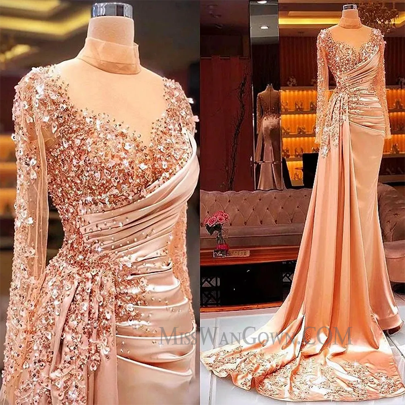 Long sleeves satin beading handmade prom dresses customized mermaid evening dresses LF757