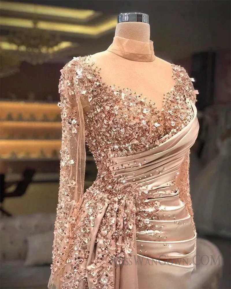 Long sleeves satin beading handmade prom dresses customized mermaid evening dresses LF757