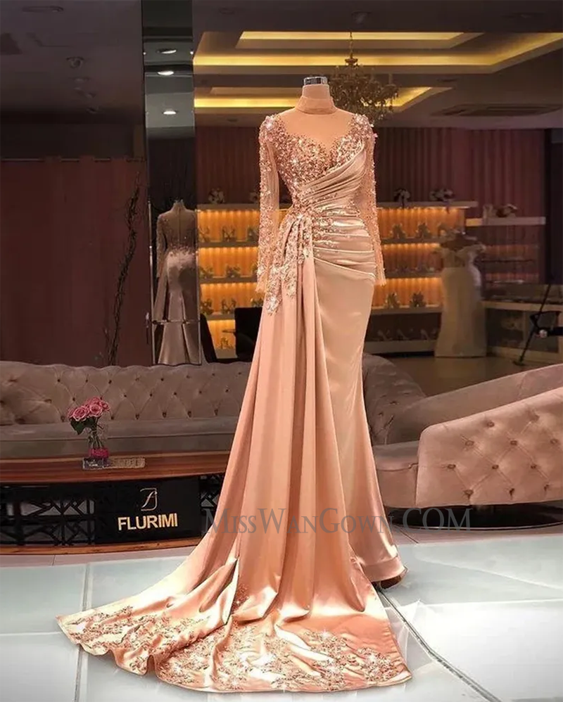 Long sleeves satin beading handmade prom dresses customized mermaid evening dresses LF757