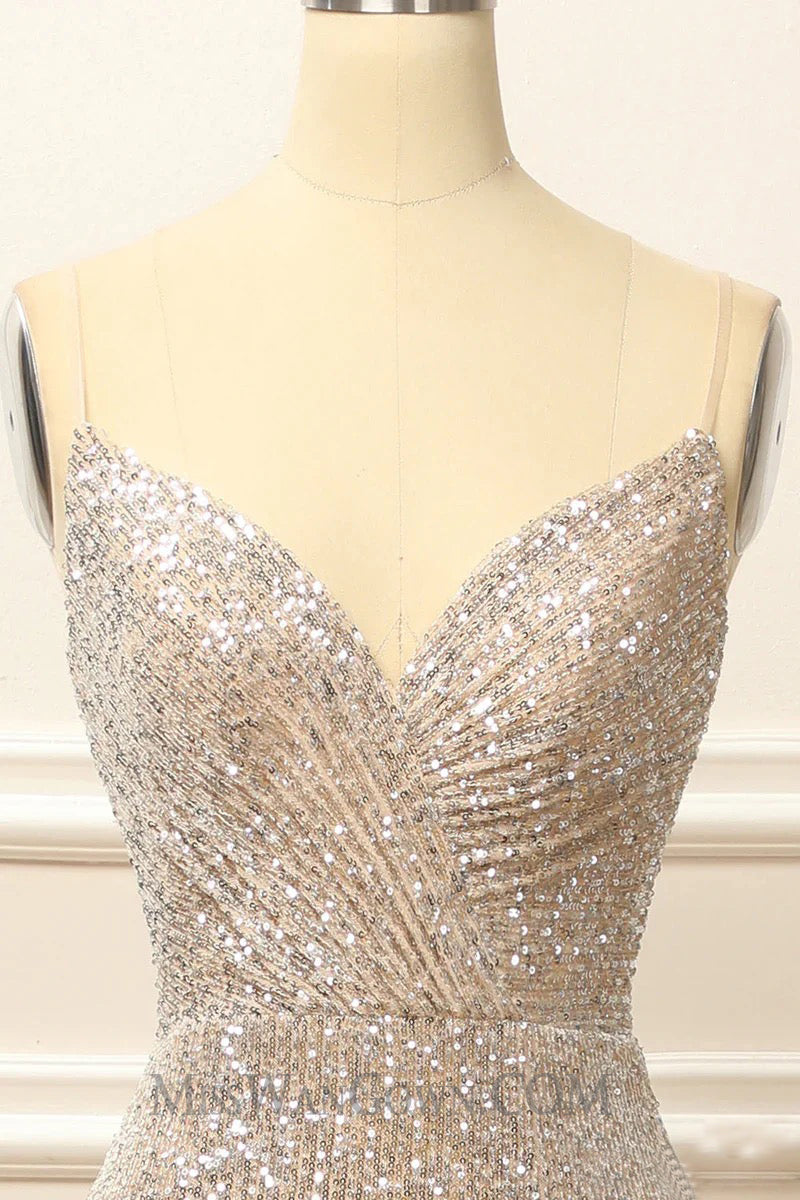 Spaghetti strap deep v neck sequins prom dresses customized high split evening dresses LF762