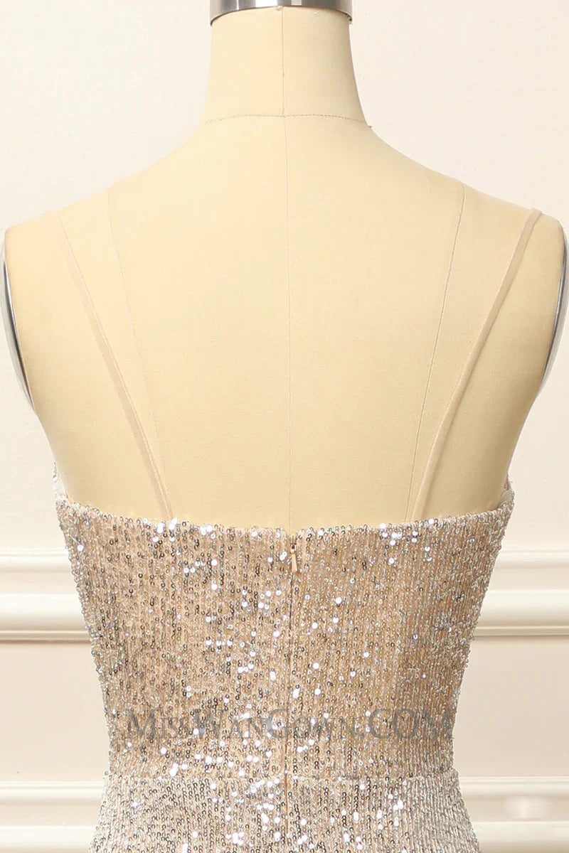 Spaghetti strap deep v neck sequins prom dresses customized high split evening dresses LF762