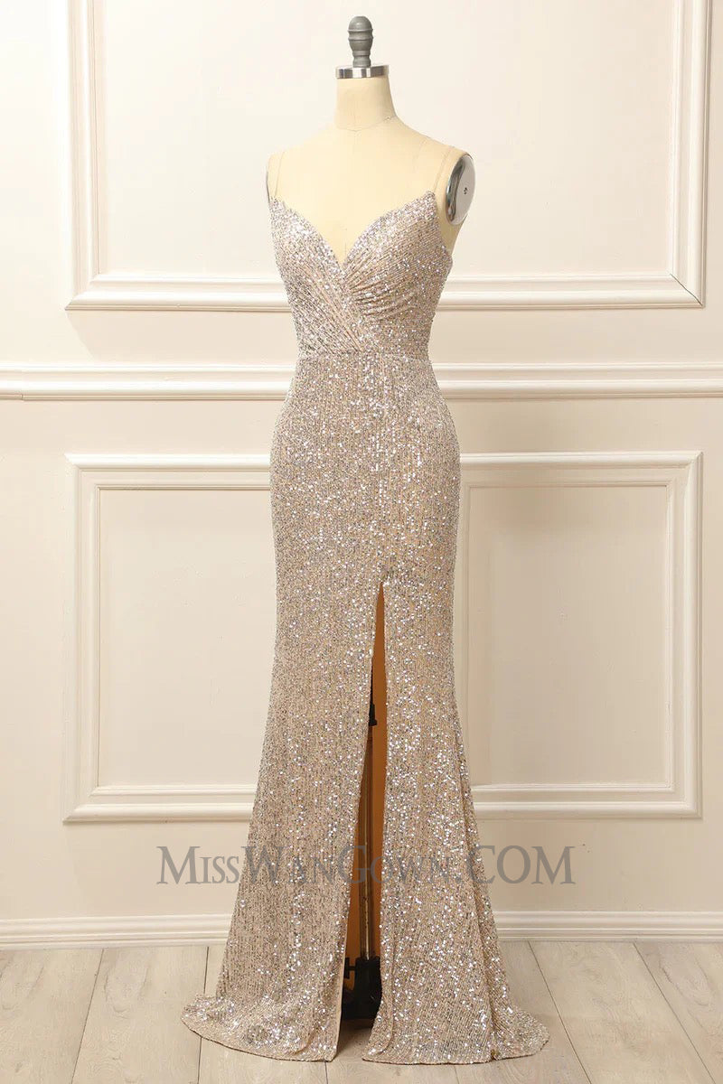 Spaghetti strap deep v neck sequins prom dresses customized high split evening dresses LF762