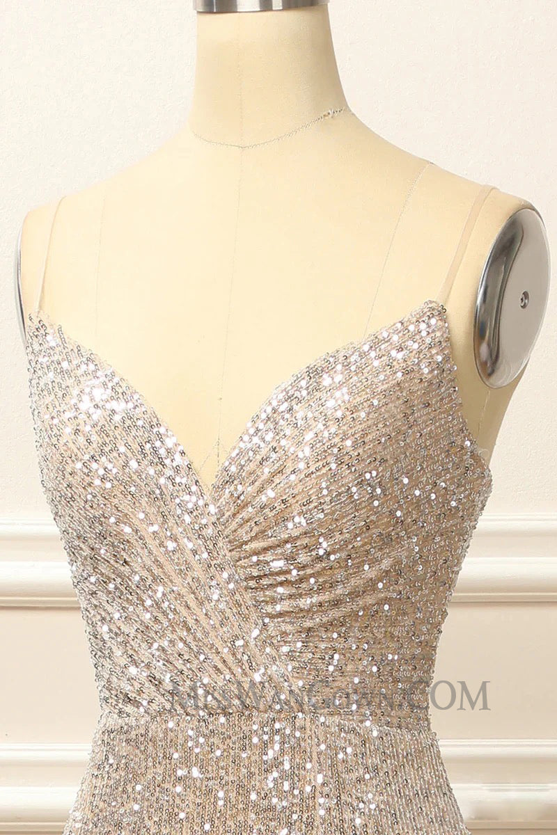 Spaghetti strap deep v neck sequins prom dresses customized high split evening dresses LF762