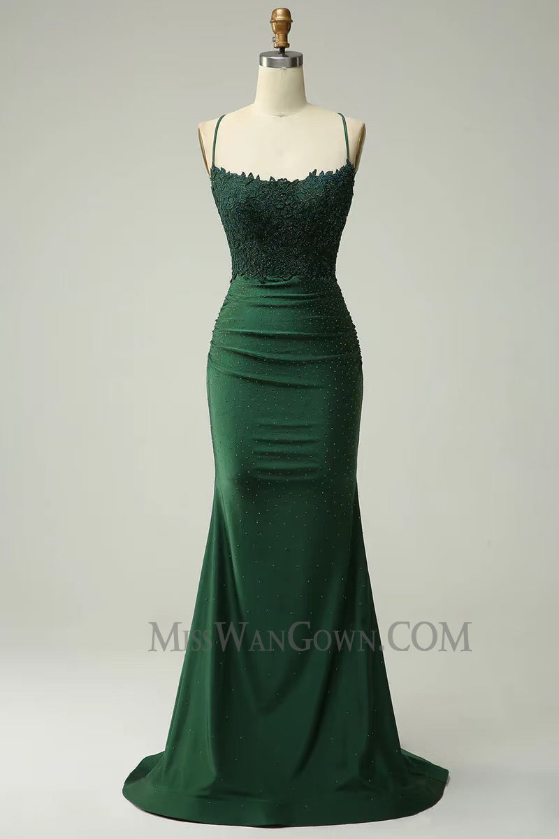 Spaghetti strap satin appliqued prom dresses mermaid sweep train evening dresses LF763