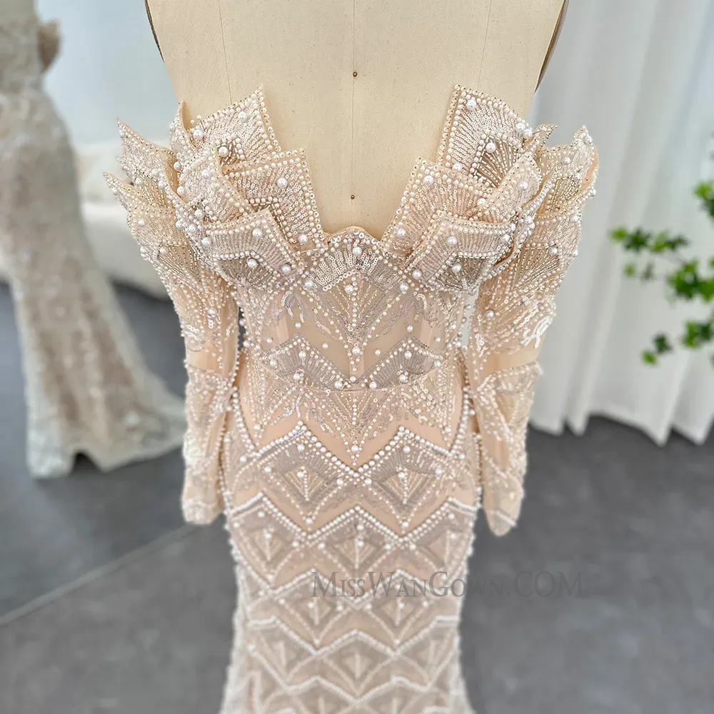 Sexy v neck long sleeves heavy handmade beading pearls prom dresses customized sweep train evening dresses LF758