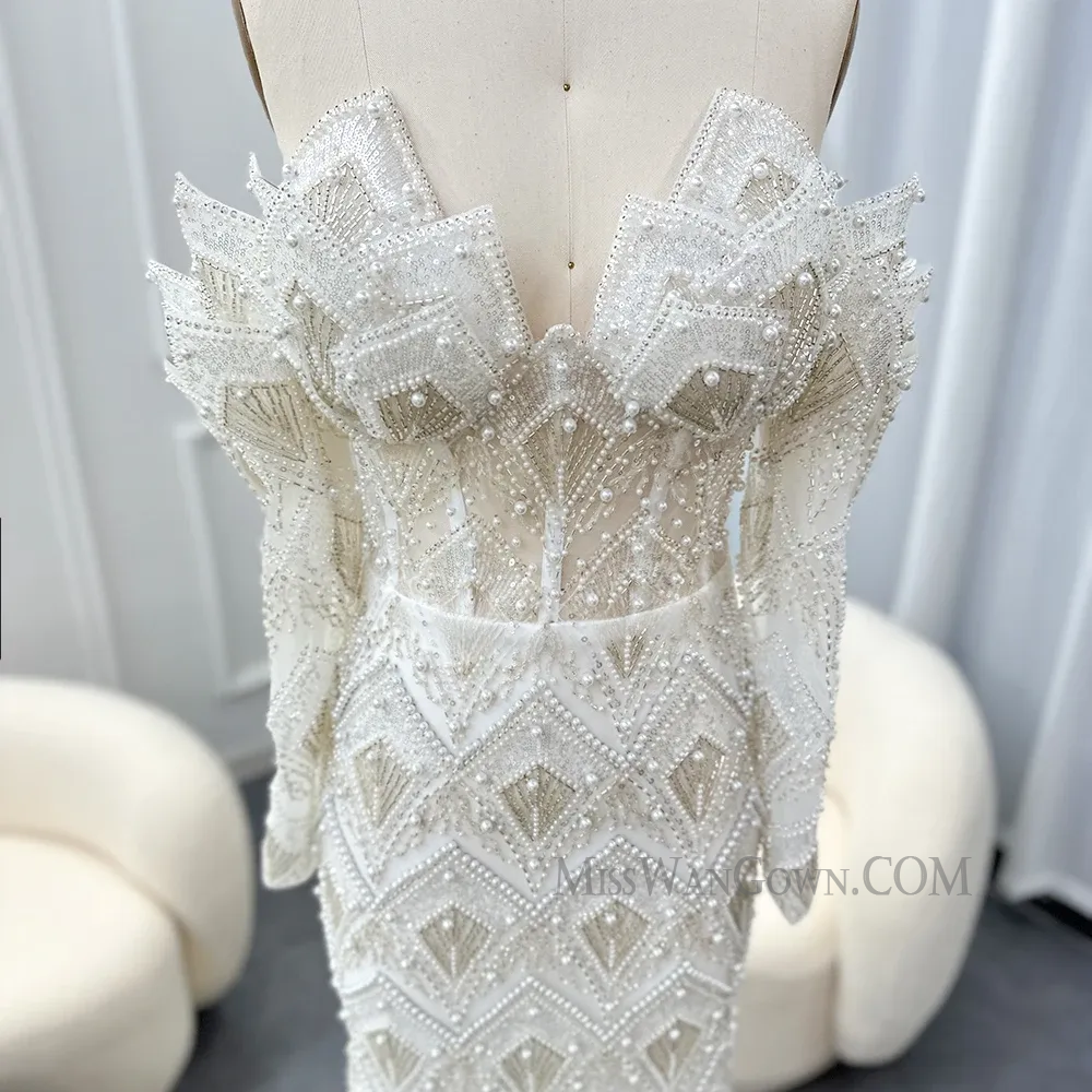 Sexy v neck long sleeves heavy handmade beading pearls prom dresses customized sweep train evening dresses LF758