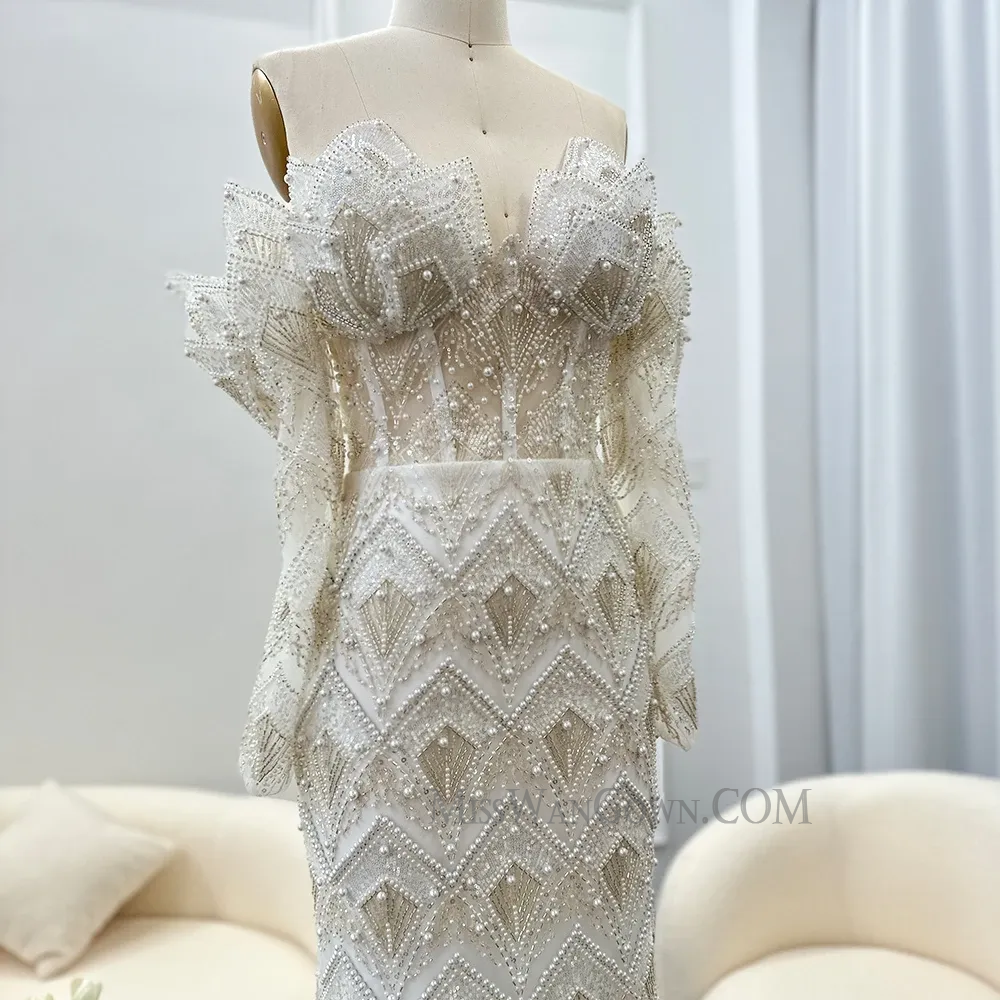 Sexy v neck long sleeves heavy handmade beading pearls prom dresses customized sweep train evening dresses LF758