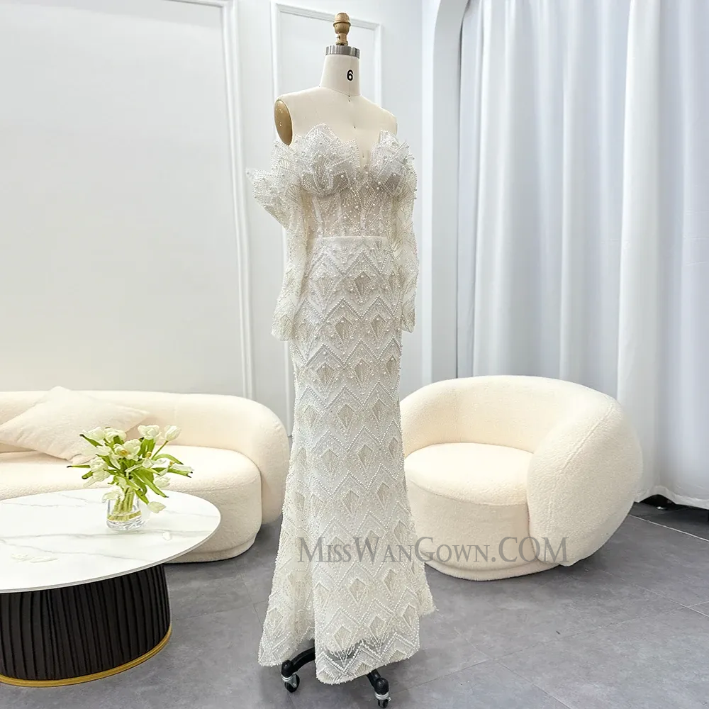 Sexy v neck long sleeves heavy handmade beading pearls prom dresses customized sweep train evening dresses LF758