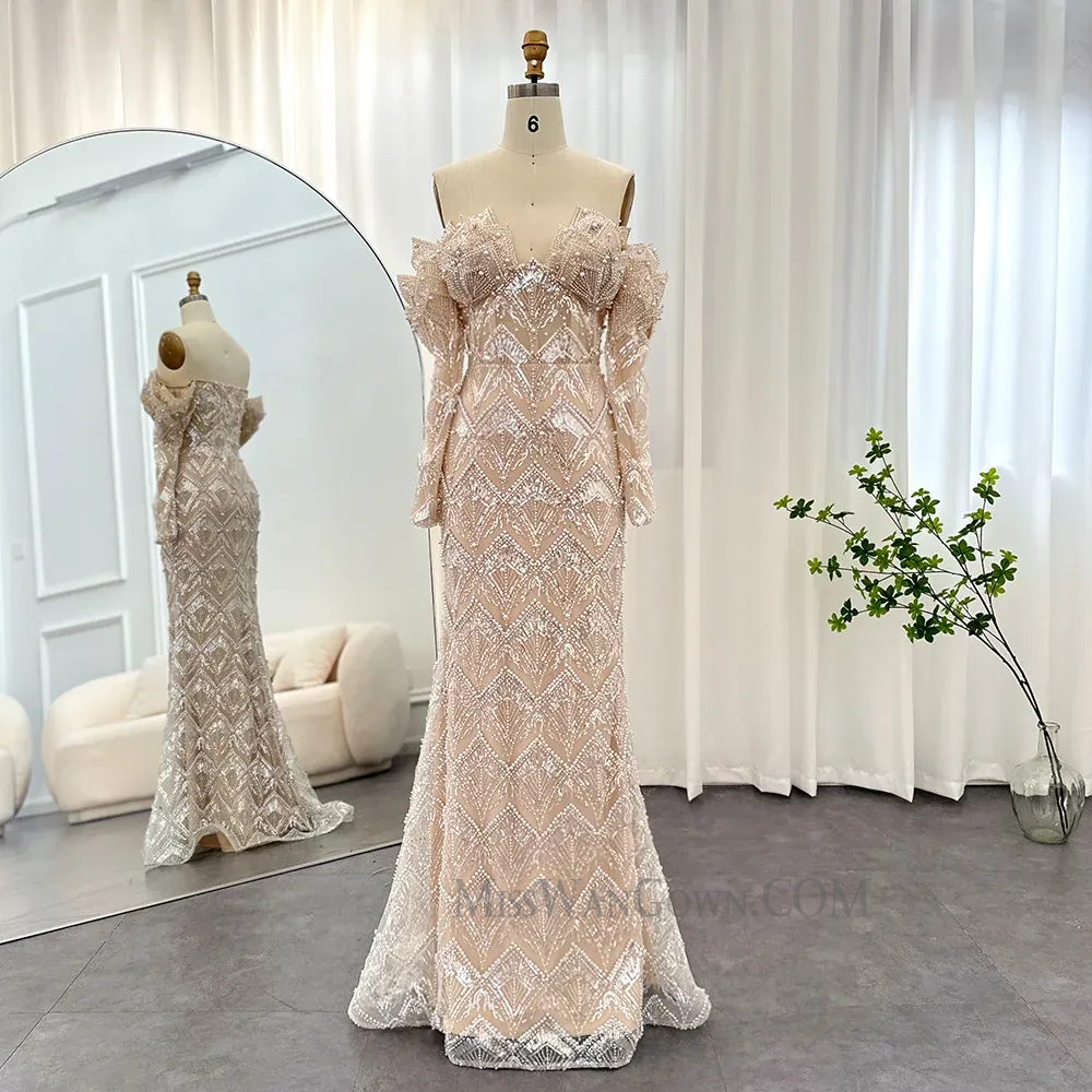 Sexy v neck long sleeves heavy handmade beading pearls prom dresses customized sweep train evening dresses LF758