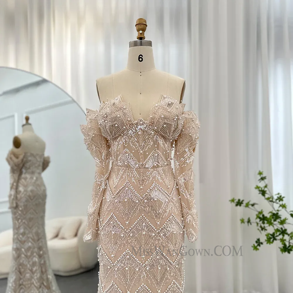 Sexy v neck long sleeves heavy handmade beading pearls prom dresses customized sweep train evening dresses LF758