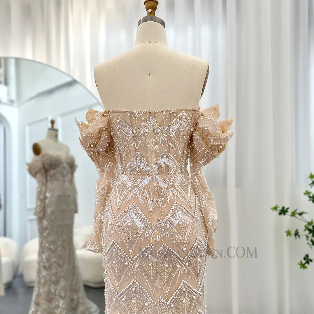 Sexy v neck long sleeves heavy handmade beading pearls prom dresses customized sweep train evening dresses LF758