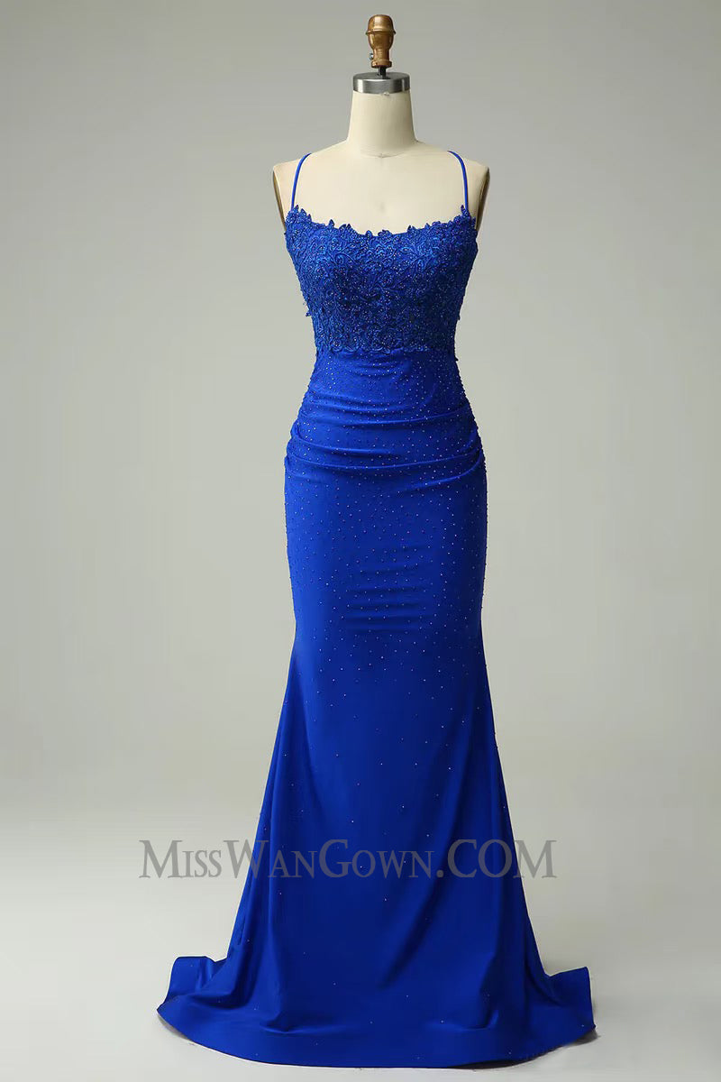 Spaghetti strap satin appliqued prom dresses mermaid sweep train evening dresses LF763