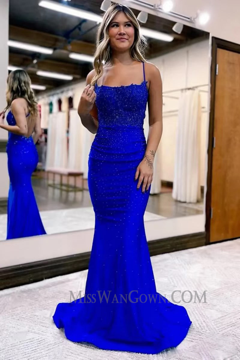 Spaghetti strap satin appliqued prom dresses mermaid sweep train evening dresses LF763