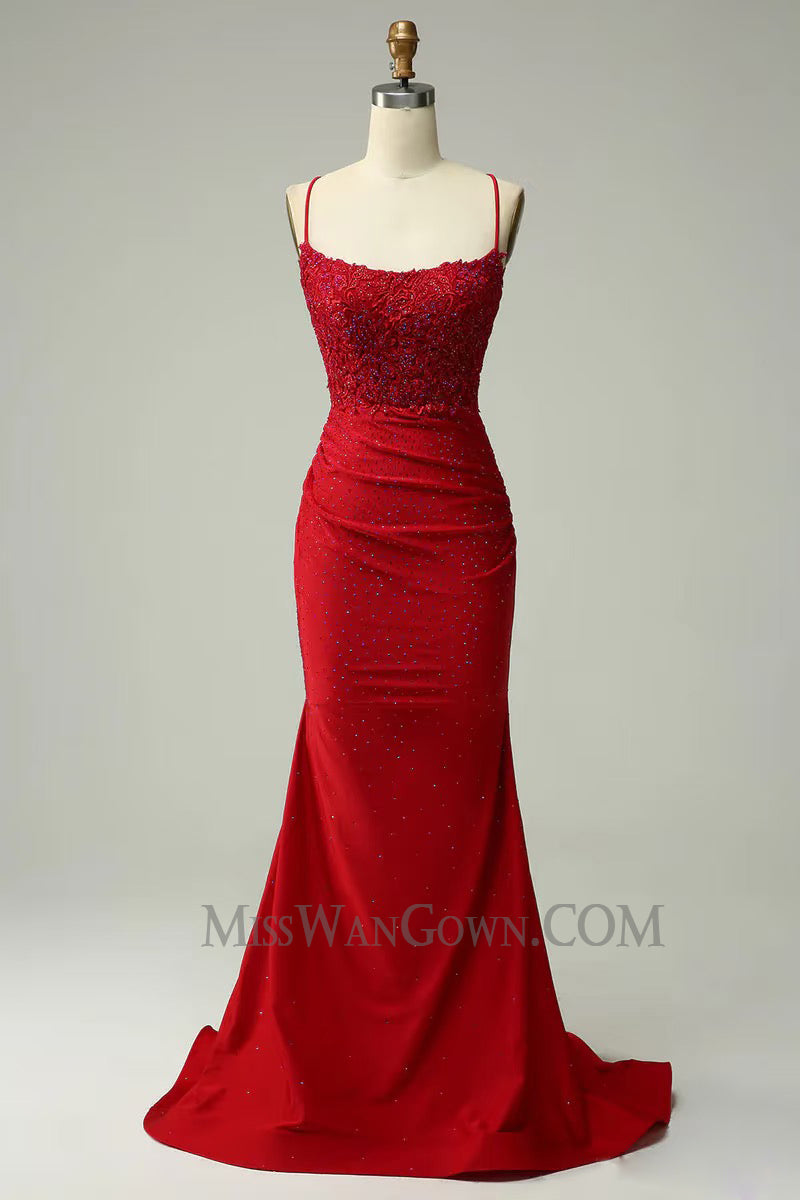 Spaghetti strap satin appliqued prom dresses mermaid sweep train evening dresses LF763