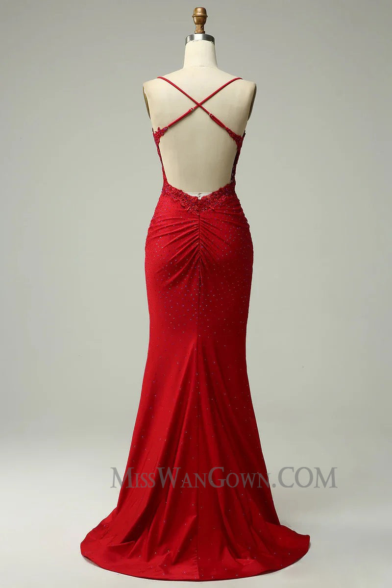 Spaghetti strap satin appliqued prom dresses mermaid sweep train evening dresses LF763