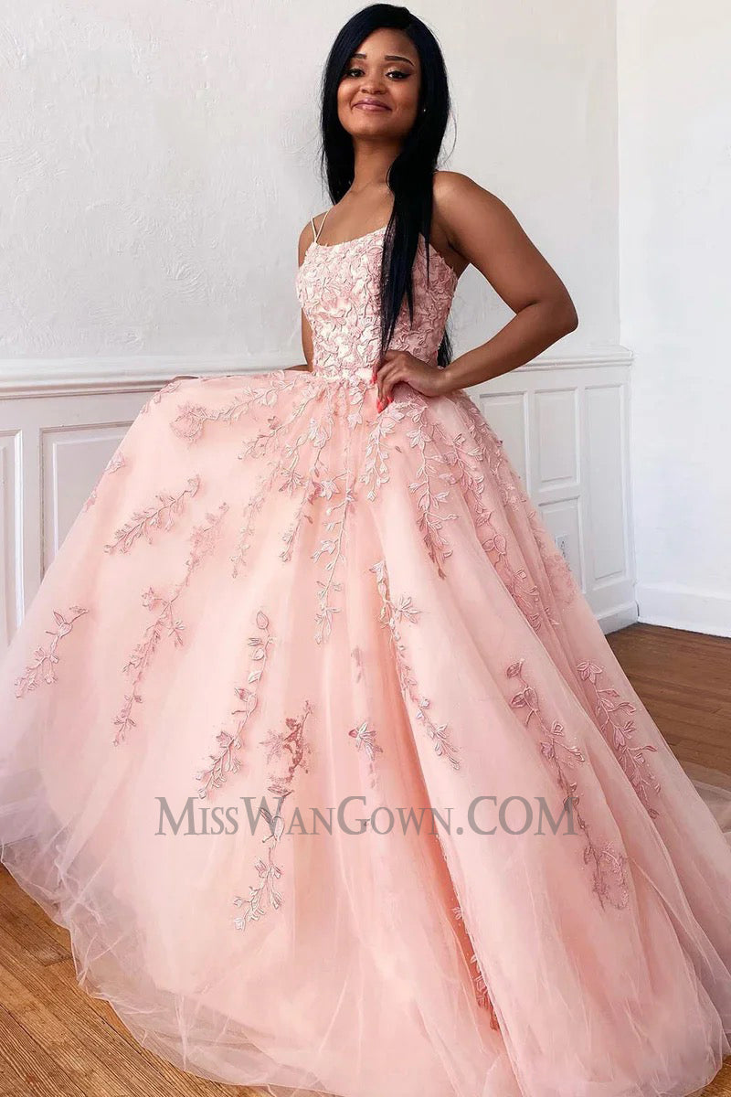 Spaghetti strap tulle appliqued prom dresses sweep train customized evening dresses LF764