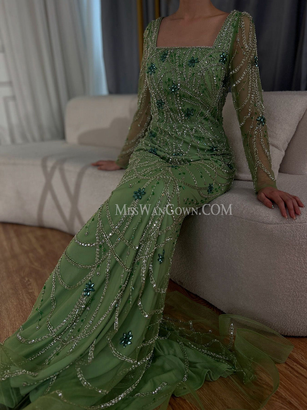 Long sleeves tulle handmade heavy beading diamond prom dresses customized mermaid evening dresses LF759