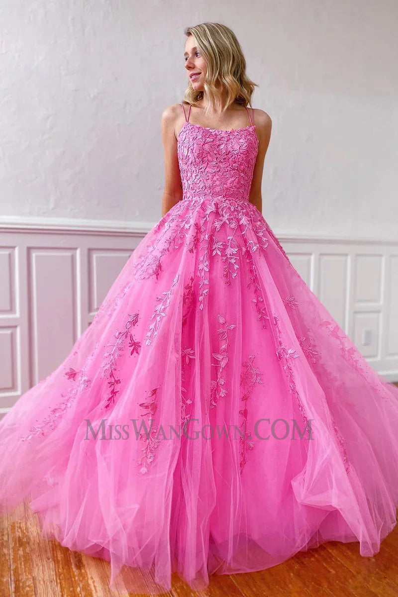 Spaghetti strap tulle appliqued prom dresses sweep train customized evening dresses LF764