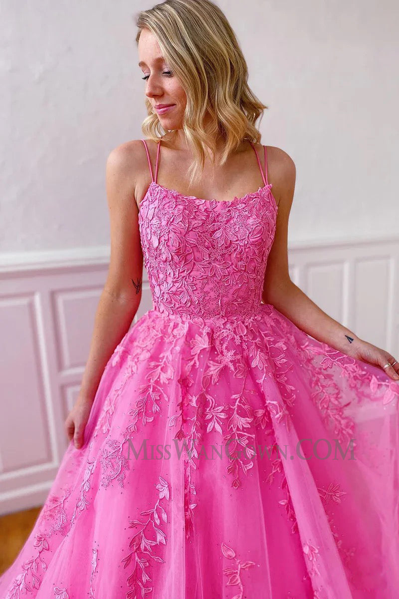 Spaghetti strap tulle appliqued prom dresses sweep train customized evening dresses LF764