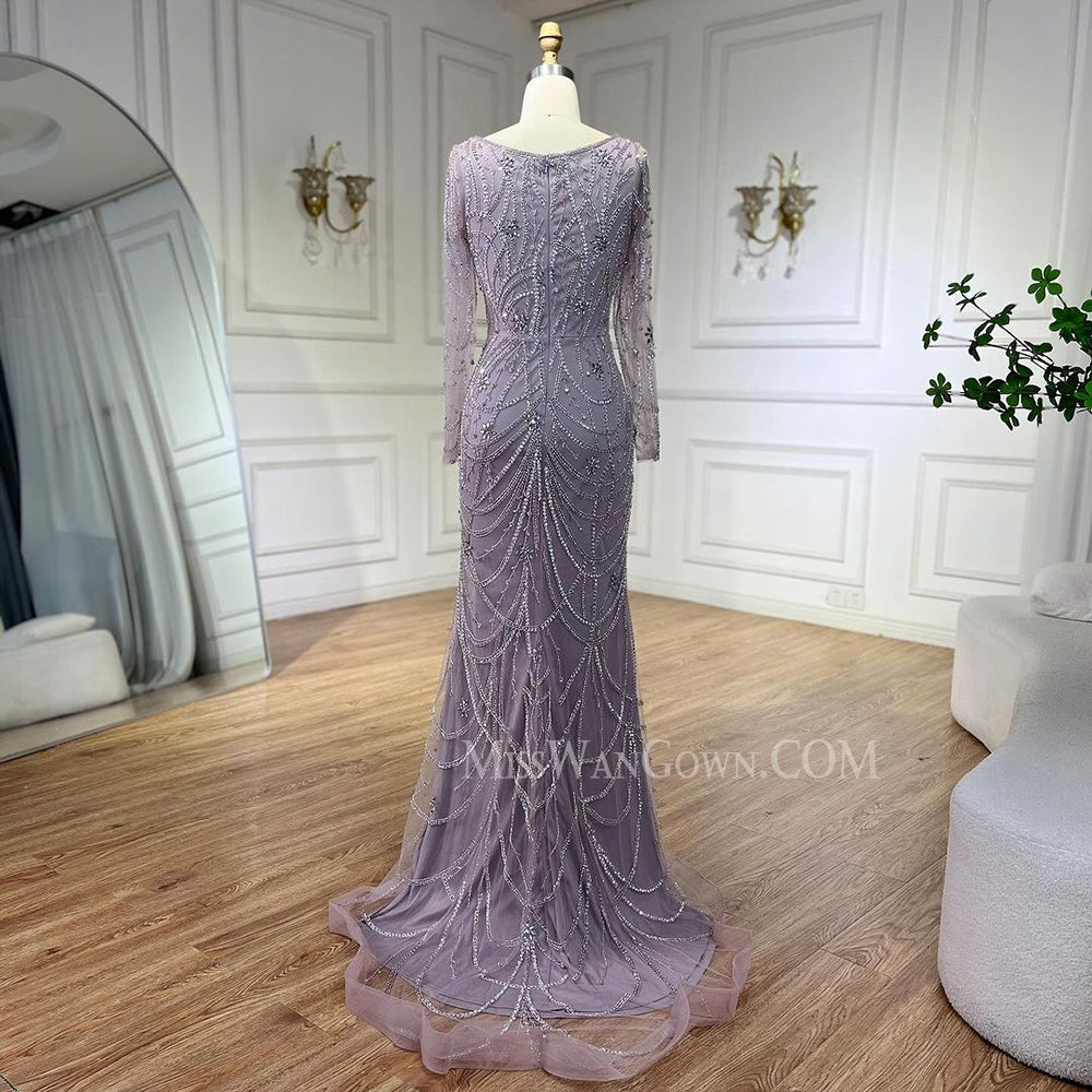 Long sleeves tulle handmade heavy beading diamond prom dresses customized mermaid evening dresses LF759