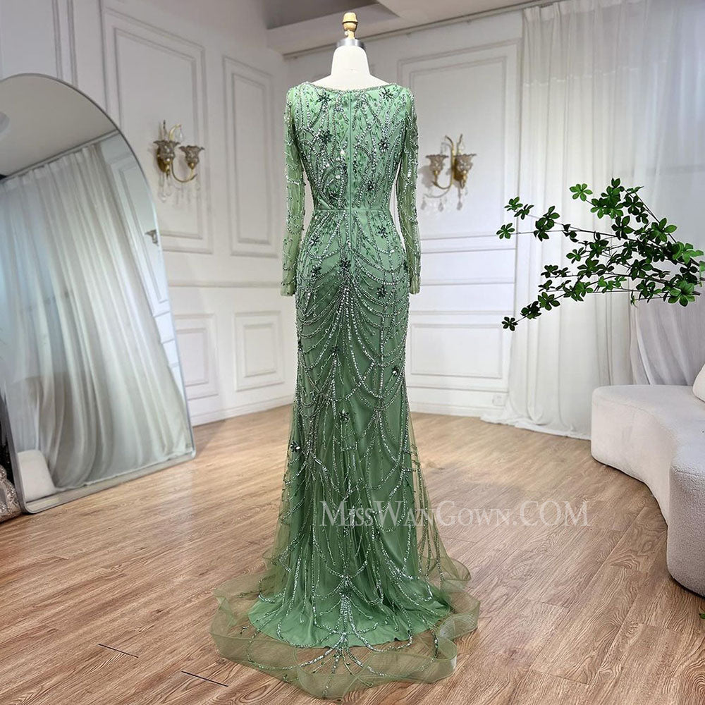 Long sleeves tulle handmade heavy beading diamond prom dresses customized mermaid evening dresses LF759