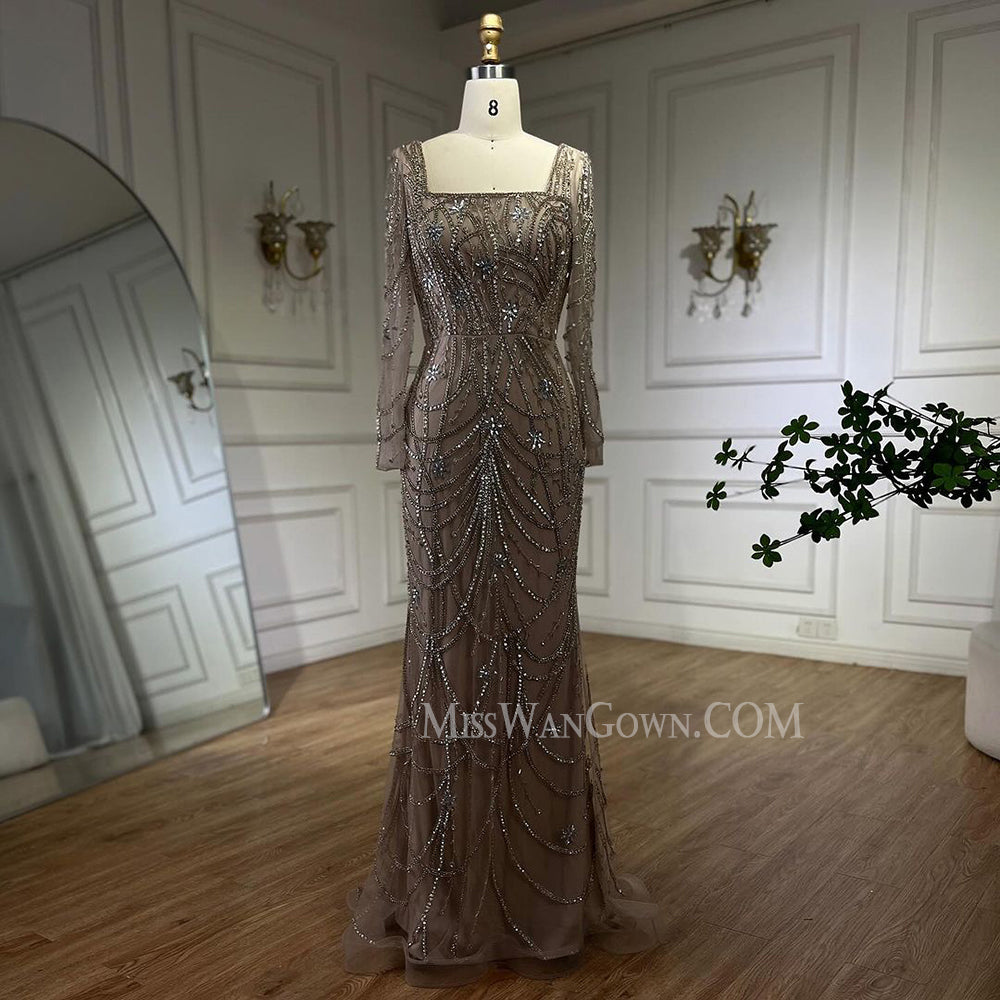 Long sleeves tulle handmade heavy beading diamond prom dresses customized mermaid evening dresses LF759