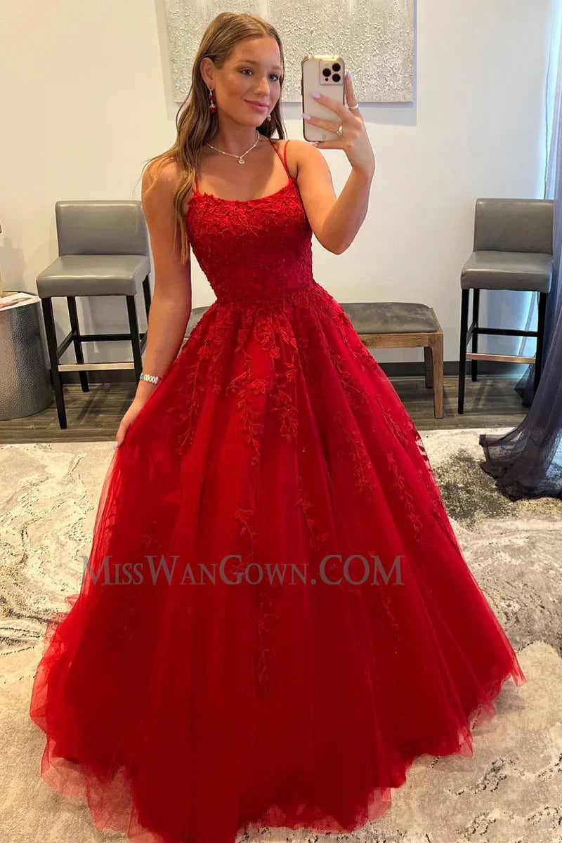 Spaghetti strap tulle appliqued prom dresses sweep train customized evening dresses LF764