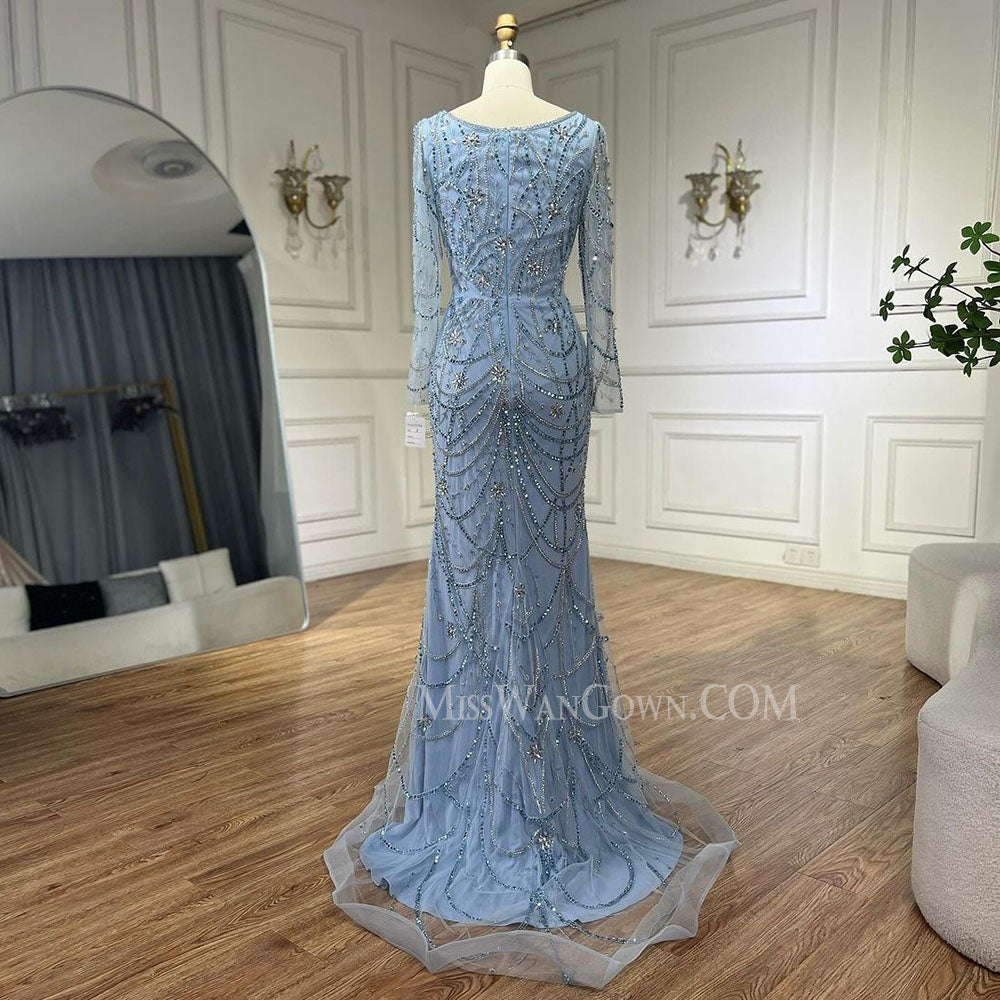 Long sleeves tulle handmade heavy beading diamond prom dresses customized mermaid evening dresses LF759