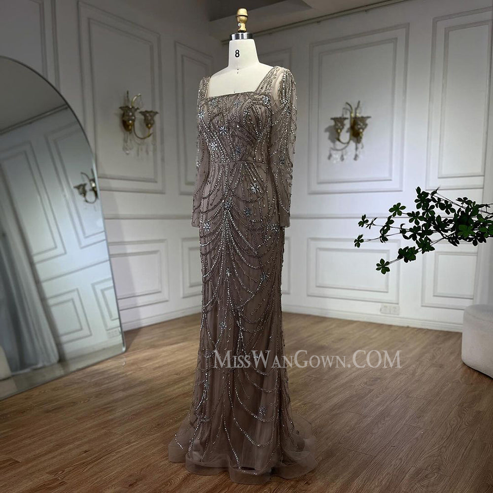 Long sleeves tulle handmade heavy beading diamond prom dresses customized mermaid evening dresses LF759