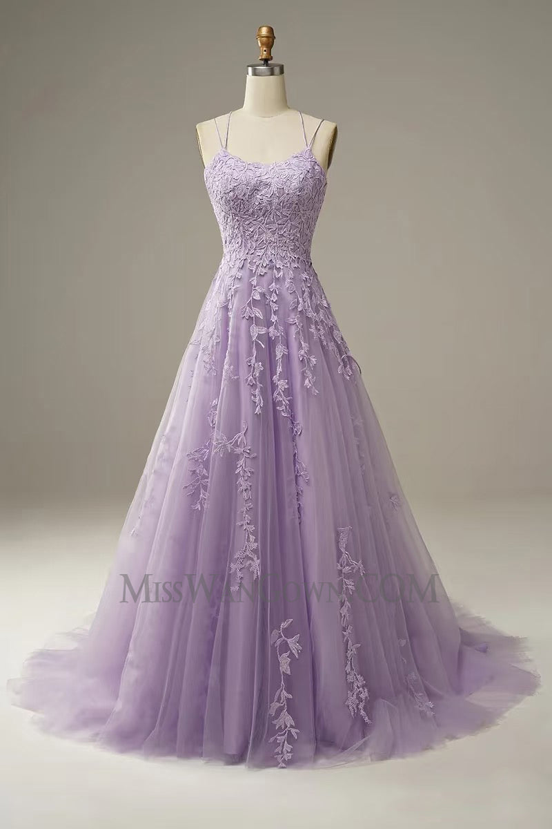 Spaghetti strap tulle appliqued prom dresses sweep train customized evening dresses LF764