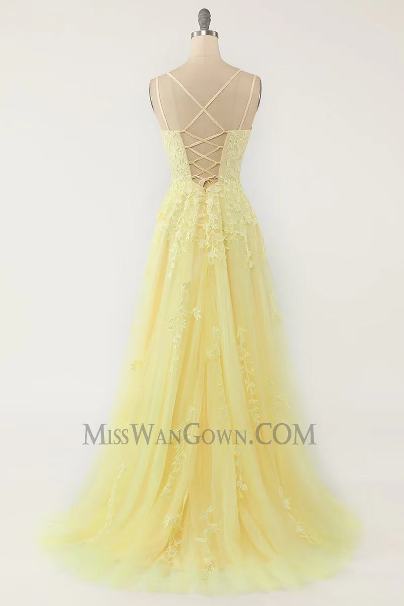 Spaghetti strap tulle appliqued prom dresses sweep train customized evening dresses LF764