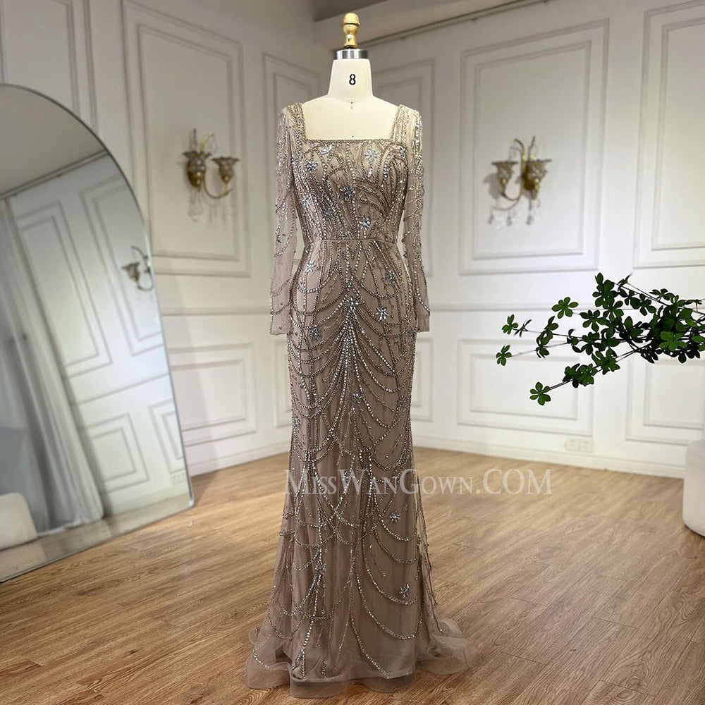 Long sleeves tulle handmade heavy beading diamond prom dresses customized mermaid evening dresses LF759