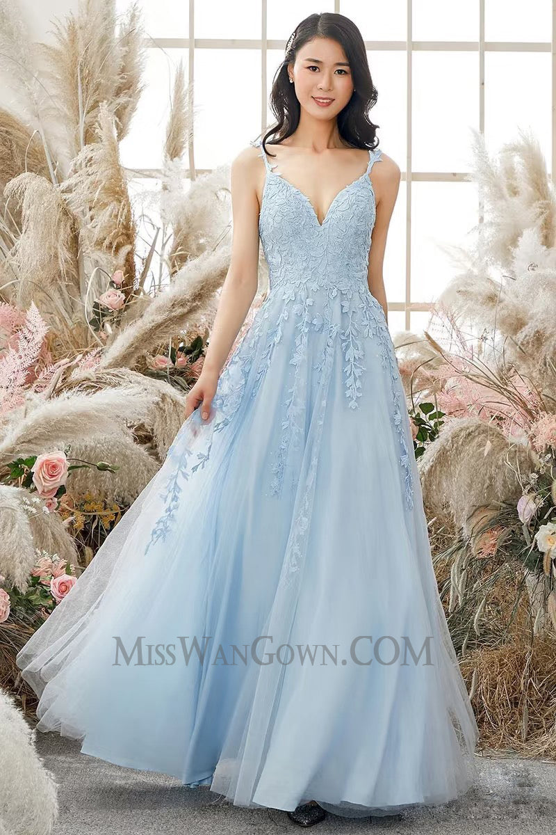 Spaghetti strap tulle appliqued prom dresses sweep train customized evening dresses LF764