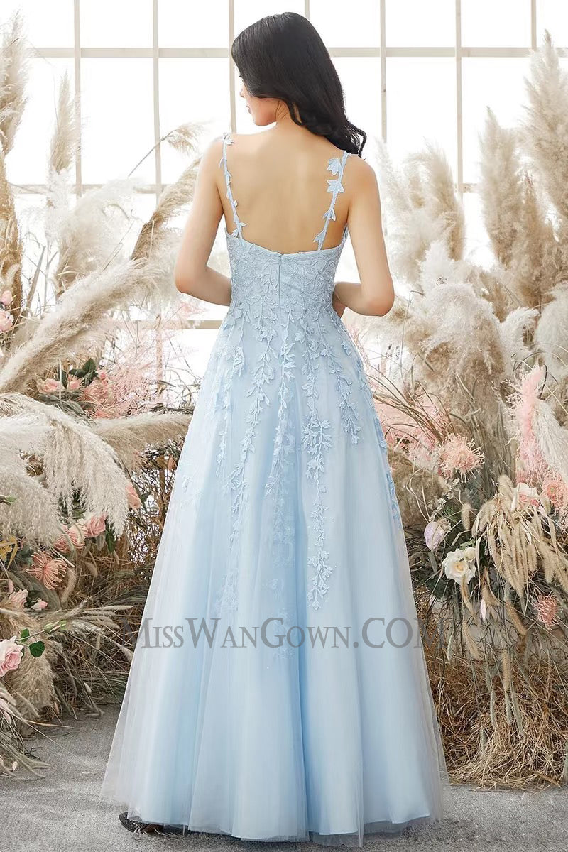 Spaghetti strap tulle appliqued prom dresses sweep train customized evening dresses LF764