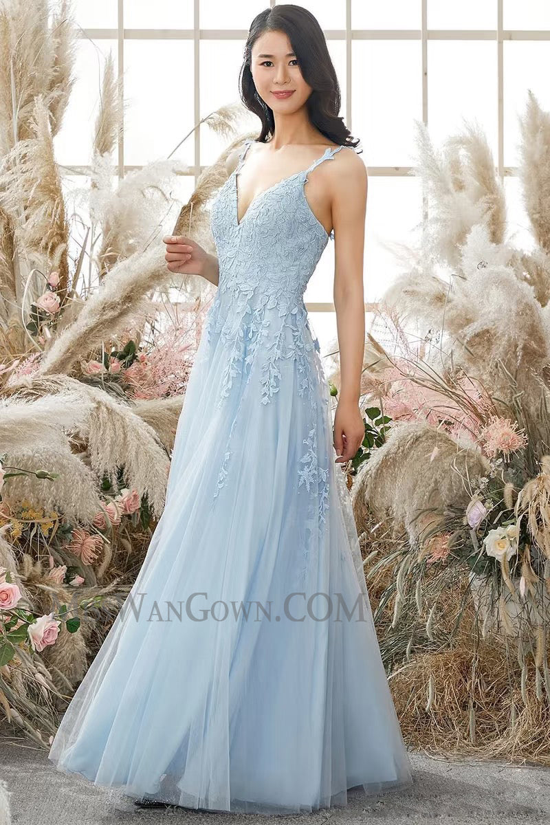 Spaghetti strap tulle appliqued prom dresses sweep train customized evening dresses LF764