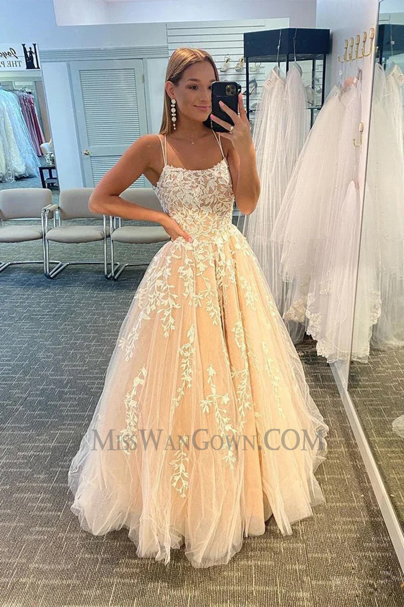 Spaghetti strap tulle appliqued prom dresses sweep train customized evening dresses LF764